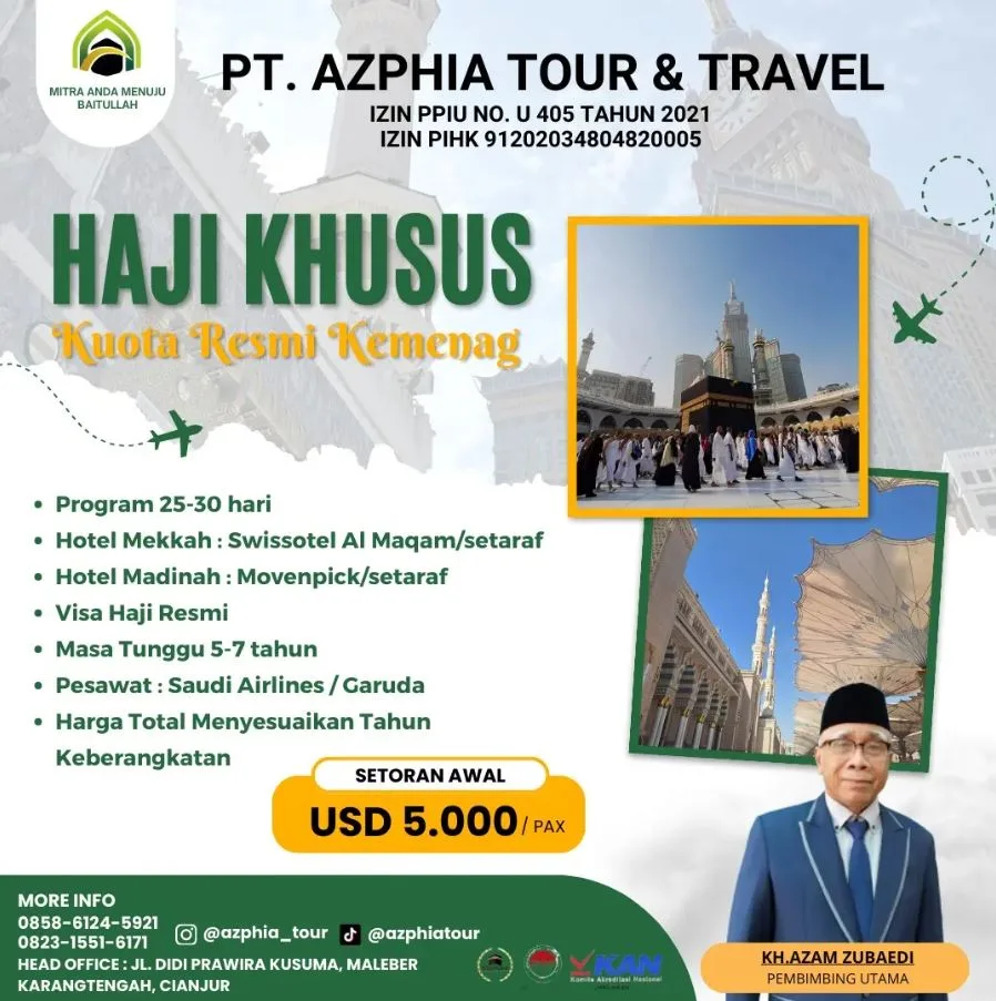 Brosur program Haji Khusus AZPHIA Tour & Travel: kuota resmi Kemenag, program 25-30 hari, setoran awal USD 5.000