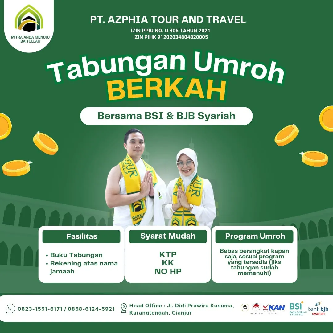 Poster Tabungan Umroh Berkah AZPHIA Tour & Travel bersama bank syariah: buku tabungan, rekening atas nama jamaah, syarat KTP, KK, dan nomor HP