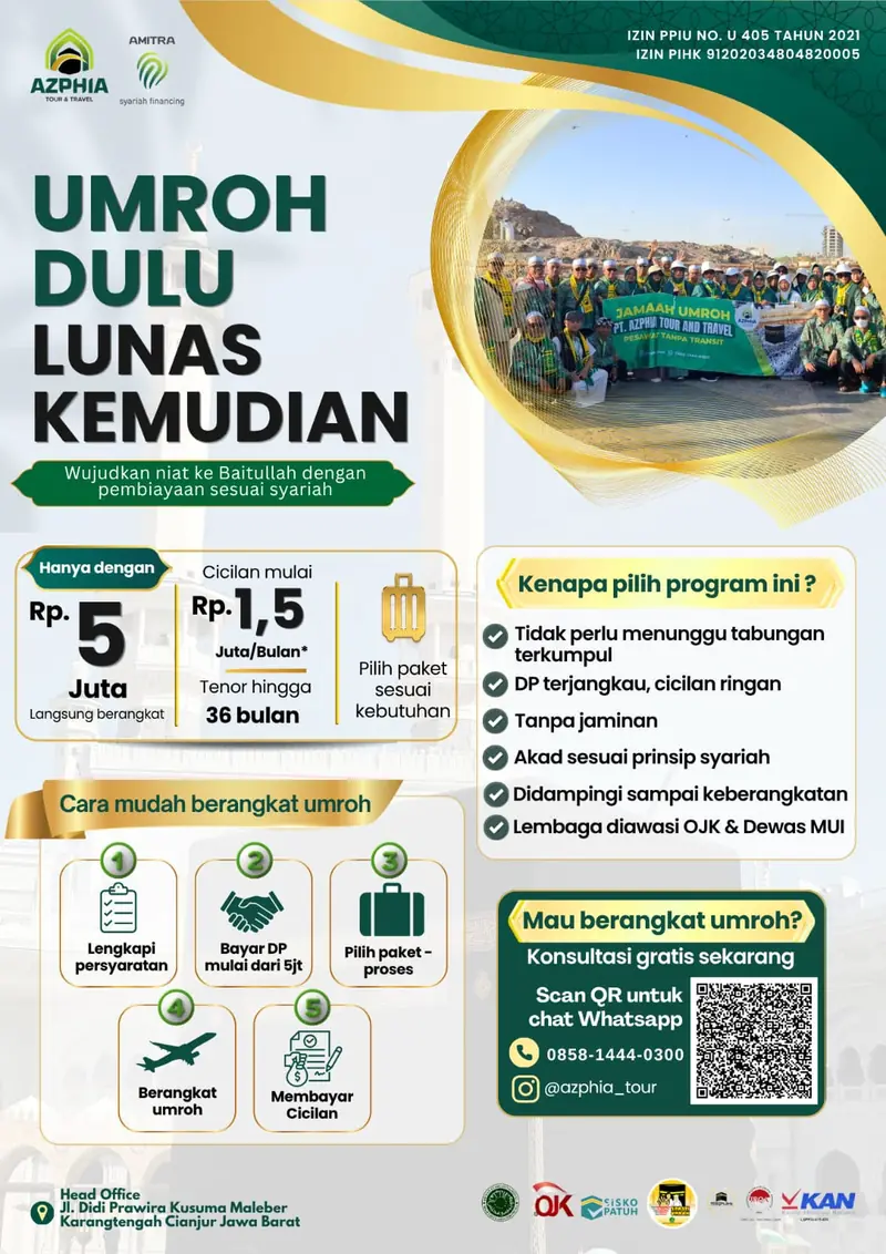 Poster program Umroh Dulu Lunas Kemudian AZPHIA Tour: DP mulai Rp 5 juta, cicilan mulai Rp 1,5 juta per bulan, tenor hingga 36 bulan, akad syariah