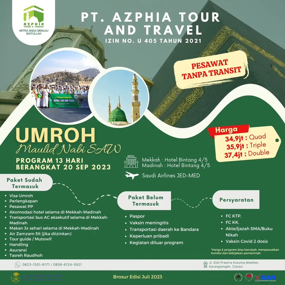 Brosur umroh Maulid Nabi 13 hari berangkat 20 September 2023 pesawat tanpa transit