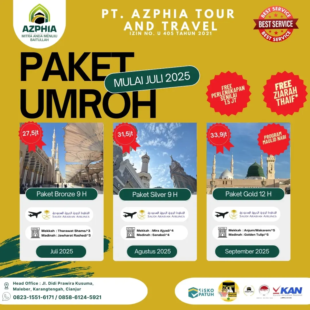 Brosur paket umroh mulai Juli 2025 Bronze 9 hari Silver 9 hari Gold 12 hari program Maulid Nabi