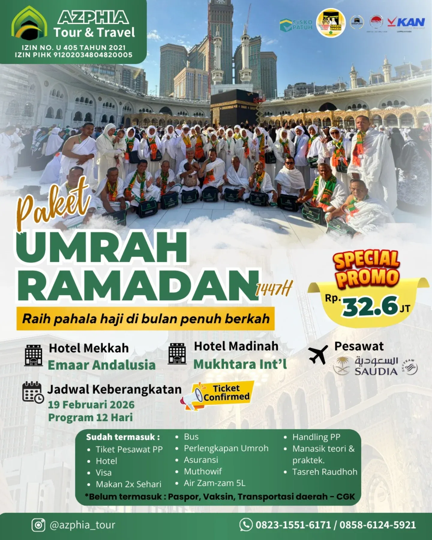 Brosur umroh Ramadhan 1447 H berangkat 19 Februari 2026 program 12 hari Rp 32,6 juta