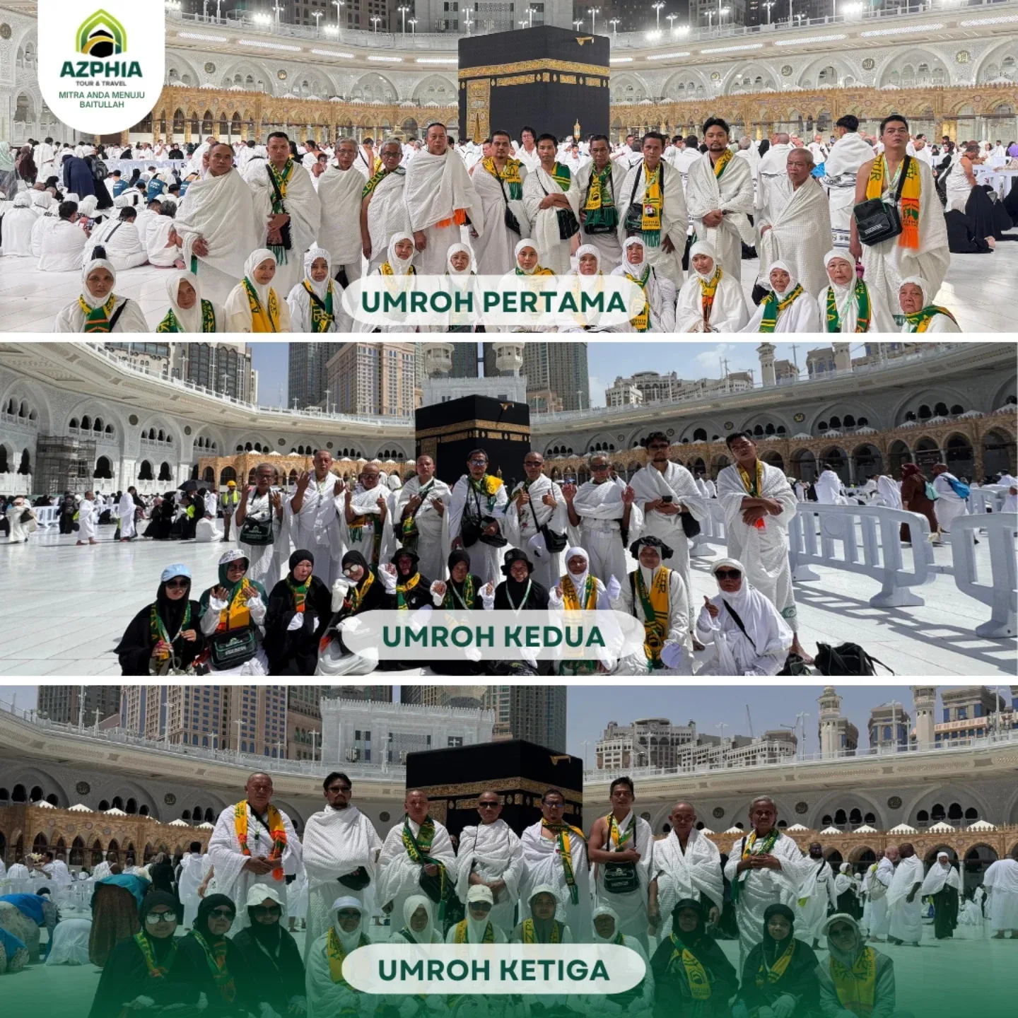Kolase jamaah umroh AZPHIA di Masjidil Haram pada umroh pertama, kedua, dan ketiga